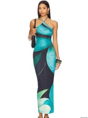 Farai London Teal Tropical Black Halter Maxi Dress